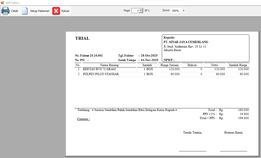 Cetak Faktur dengan kolom Diskon
